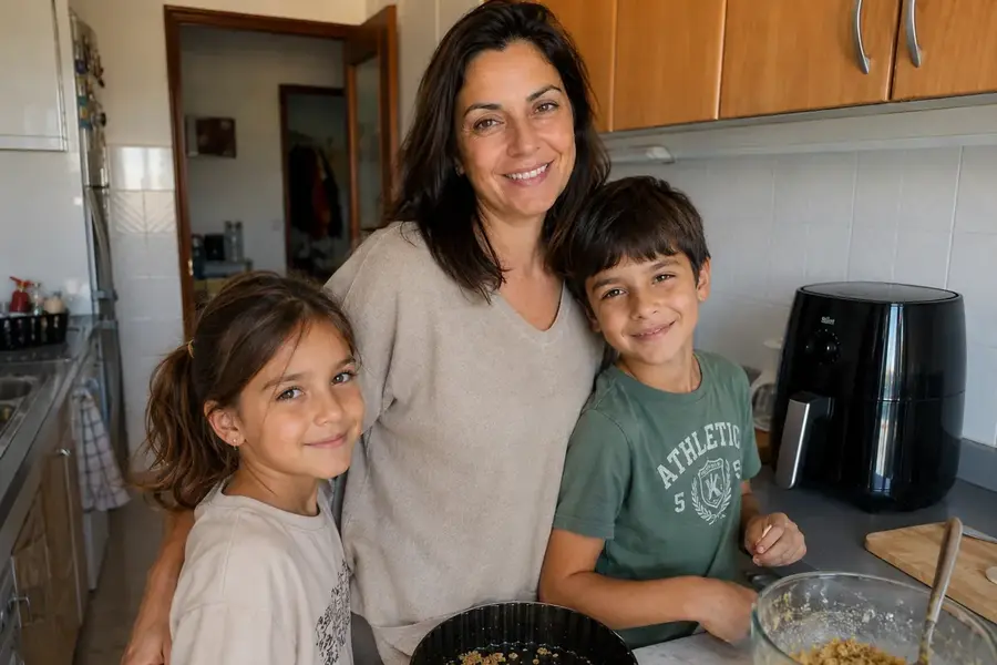 Rita com os filhos na cozinha